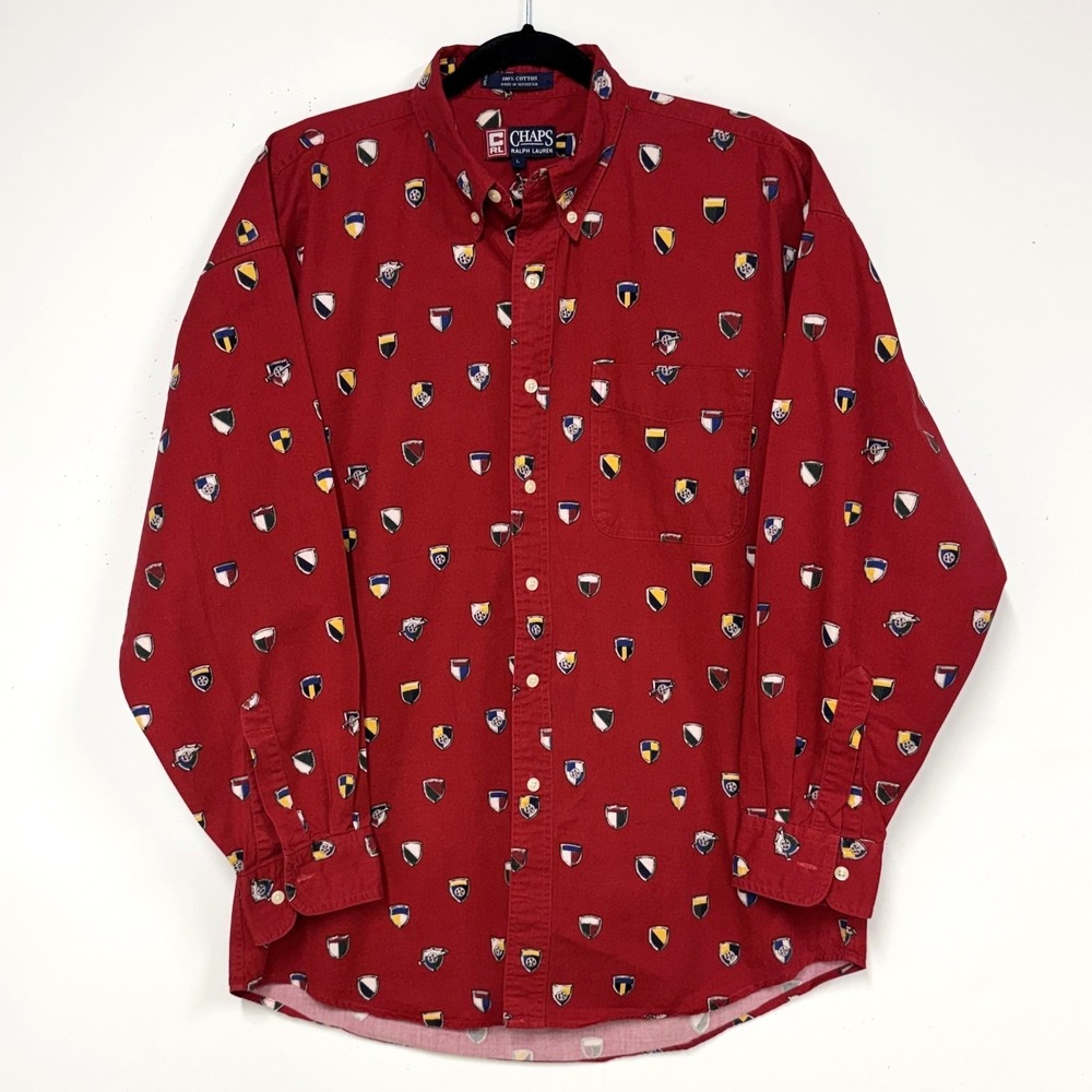Vintage‎ CRL Chaps Ralph Lauren Men's Shirt, Size Large Red Shield Print Cotton